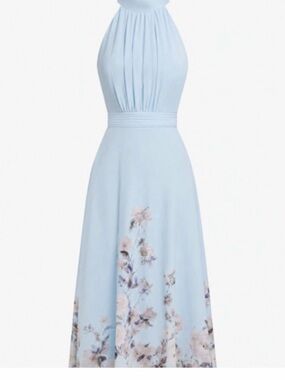 Sleeveless Light Blue Floral Halter Maxi Dress-Fehaute
